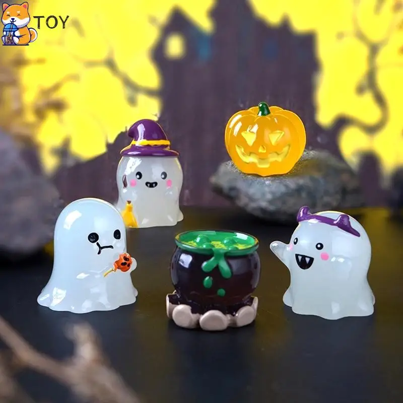 6Pcs/set Luminous Halloween Ornament Cartoon Wizard Pumpkin Potion Ghost Doll Micro Landscape Decoration Dollhouse Miniature Toy