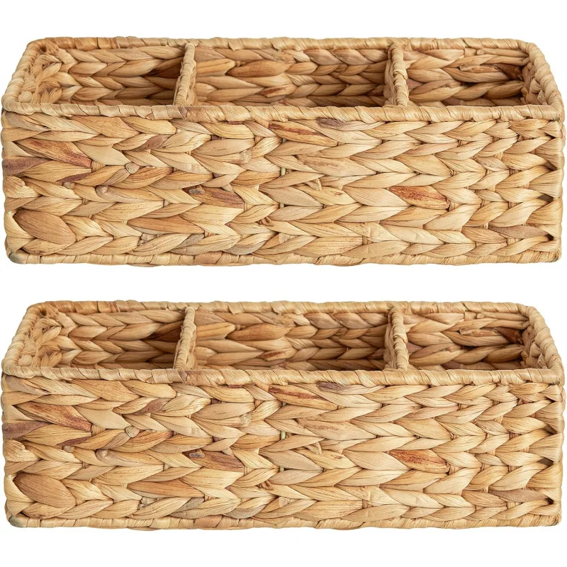 

2 - Pack 3 - Section Wicker Toilet Tank Topper & Shelf Storage Basket - for Toilet Paper and More