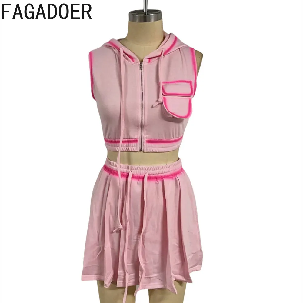 FAGADOER Summer New Sweet Print Hooded Two Piece Sets Women Zipper Sleeveless Crop Top And Mini Pleated Skirts Outfit Streetwear