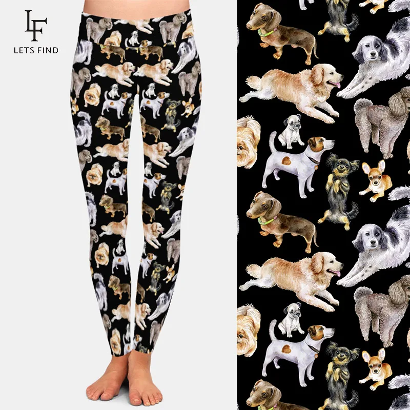 Fashion Cartoon Dogs Print High Elastic Women Black Leggings High Waist  220gsm Double Side Brushed Milk Silk  Leggings