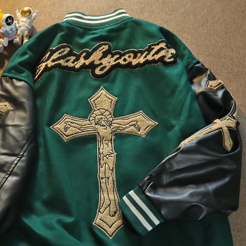 

American Jesus Cross embroidered jackets coat women's Y2K street hip-hop trend baseball uniform plus size casual loose jacket
