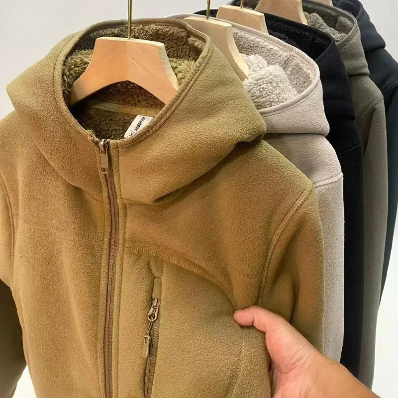 Winter Thickened Fleece Sherpa Jacket Men Hooded Double-Layer Coat Warm Windproof Outdoor Fleece-Lined Jacket Oversized Parkas