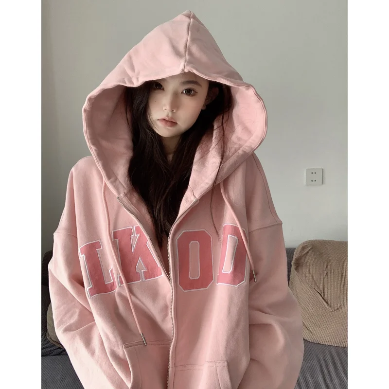 Sweatshirt Pink Women Hooded Coat Vintage Grey Printing Jacket Long Sleeve Korean Fashion Casual Y2K Style Winter Female Tops