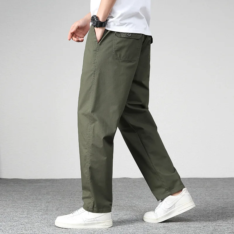 

Pop 2025 Spring New Fashion Men's Loose Casual Trendy Solid Color Straight Wide Leg Elastic Waist Cargo Trousers Male Pants Clot