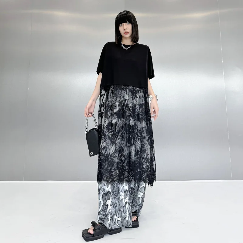 Tannt femmes robe mode dentelle Patchwork irrégulière t-shirt robes asymétrie noir décontracté longue été t-shirt robes pour les femmes