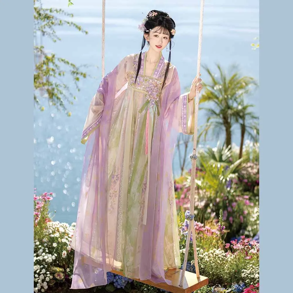 

Traditional Chinese Hanfu Dress For Women Female Halloween Carnival Cosplay Costume Embroidery Purple&Green Hanfu Dress