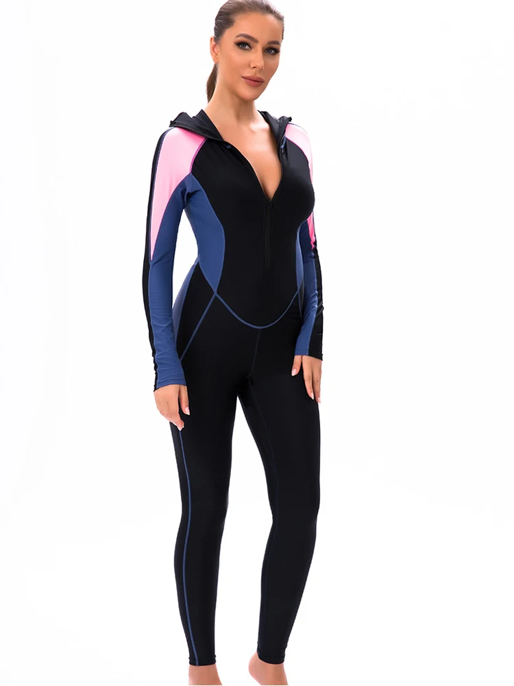 Women's Rash guard One Piece Swimsuit Full Coverage Athletic Bathing Suit Long Sleeve Rashguards with Hoodie Swimwear Wetsuit