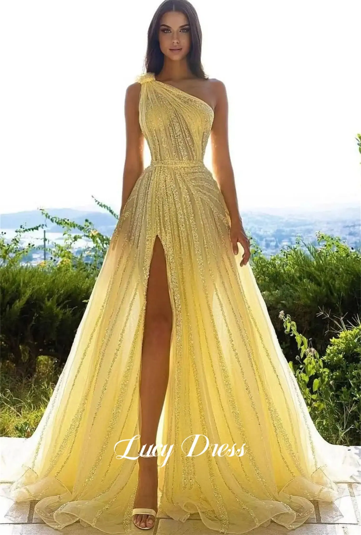 Line A Yellow Shiny Beaded Embroidery Ball Gown Elegant Party Dresses for Women 2024 Gala Luxury Graduation Dress Customized