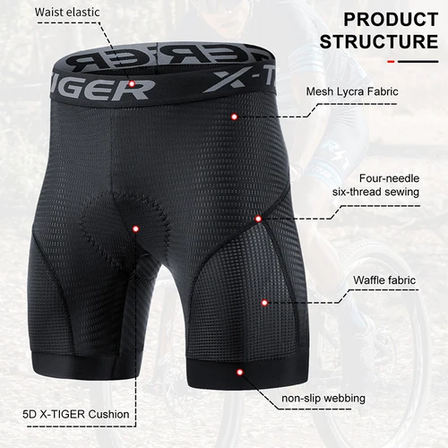 Imagen 2 del producto X-TIGER Ropa interior de ciclismo para hombre, pantalones cortos 5D acolchados para deportes, montar en bicicleta, pantalones cortos con forro para bicicleta de montaña con empuñaduras antideslizantes para piernas