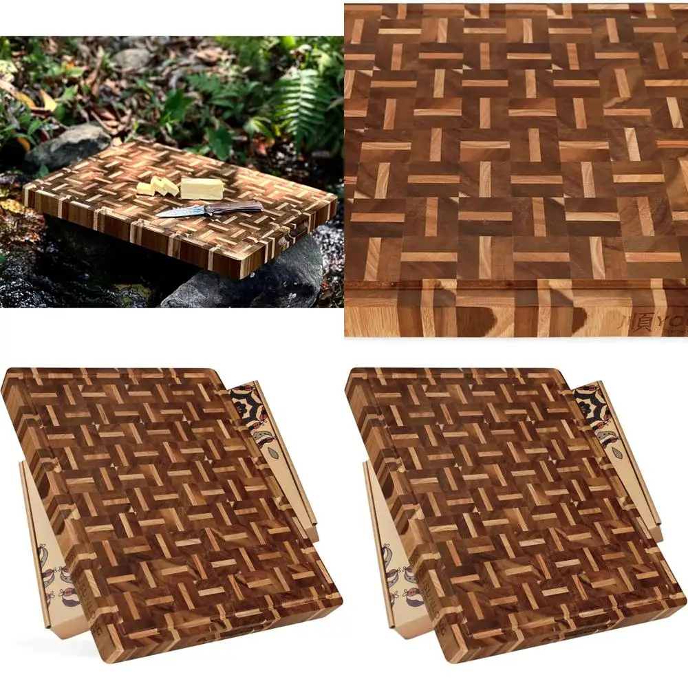 

Acacia & Oak Wood End Grain Chopping Board, 20x16x1.5 Inches, with Juice Groove and Handle - BBQ & Cooktop Friendly