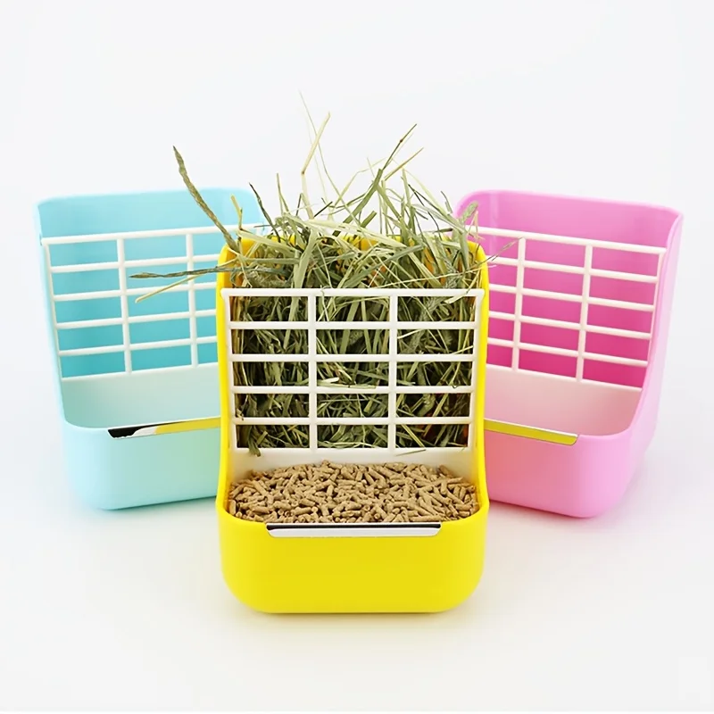Cage Mount 2‑in‑1 Small Pet Hay Feeder Bowl Anti‑Rollover Anti‑Bite Hay Rack for Rabbit Guinea Pig Chinchilla Pet Cage Accessory