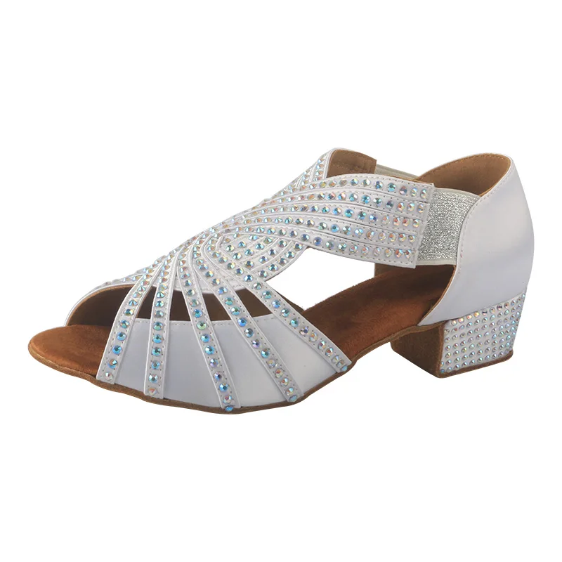 Wedopus Suola in pelle scamosciata Raso blu scuro Scarpe da ballo latino da donna Pietre Tacco quadrato 3,5 cm Pratica danza Tacchi bassi Peep Toe