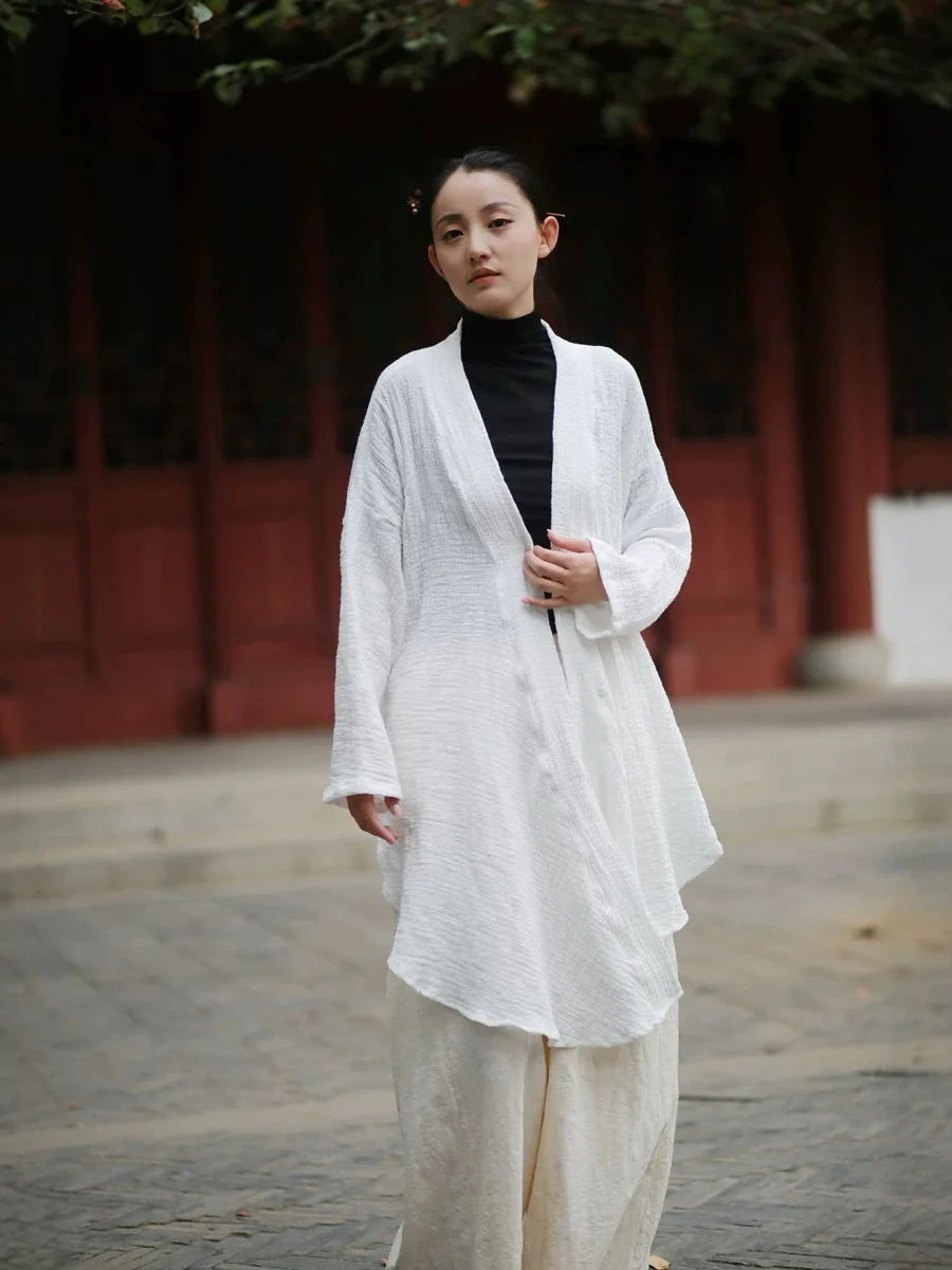 Retro Style Open Cardigan Women's Loose Modified Hanfu Asymmetrical Cotton Linen New Chinese Style Zen Women's Top