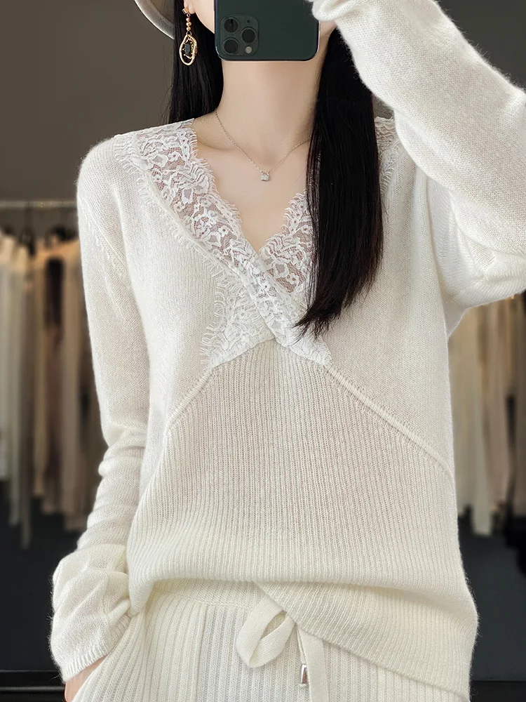 Women's Pullover Spring/Autumn New 100% Wool Sweater Casual Solid Color Knitwear Fashion V Neck Ladies Tops Slim Lace Blouse