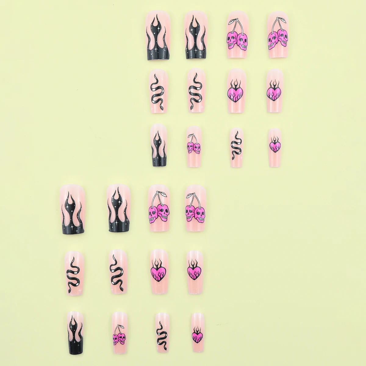 24 Stuks Middellange Vierkante Nagel Hete Stijl Kwade Charme Liefde Skelet Zoete Koele Nail Art Geschikt Voor Halloween Dragen Afneembare Fa