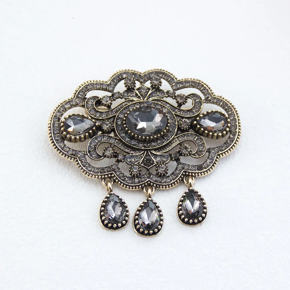Vintage grijze kristallen Turkse broche voor vrouwen hijab revers broche pins antiek goudkleurige bohemian bijoux - afbeelding 2