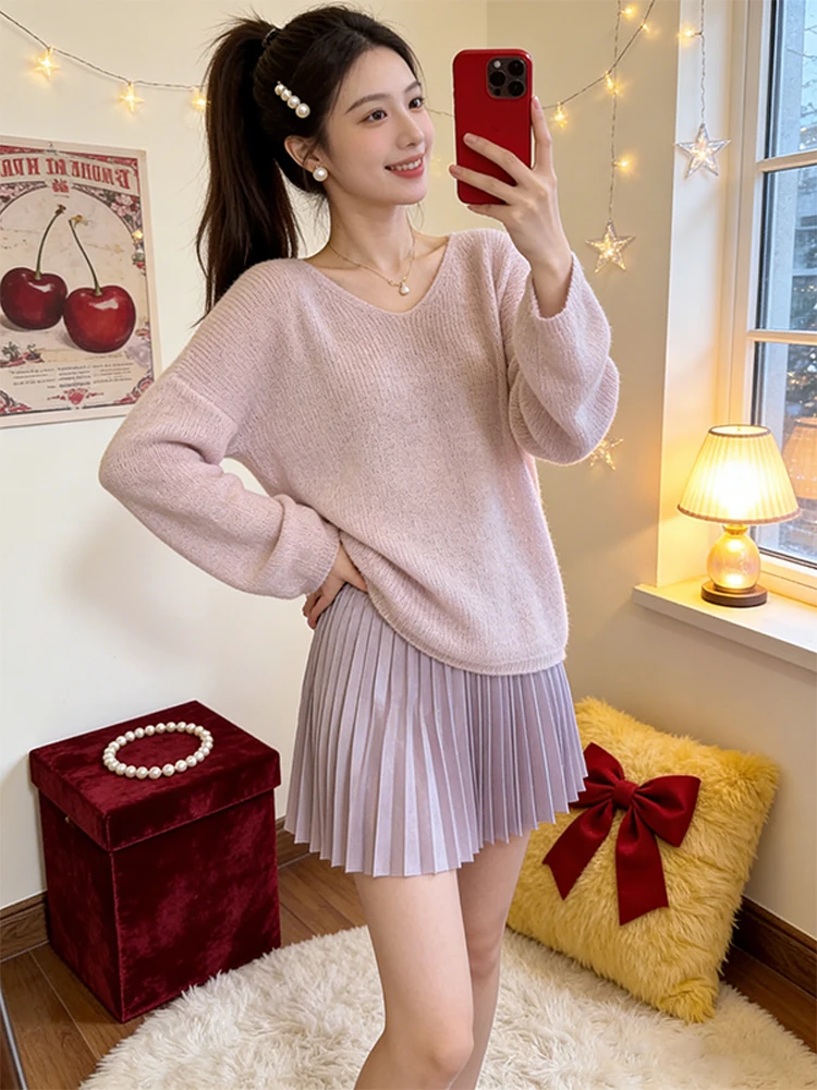 

Мягкий уютный фиолетовый вязаный свитер с V-образным вырезом для женщин, весенне-осенняя верхняя одежда, повседневный свободный крой, дышащий, с длинными рукавами, круглый вырез горловины