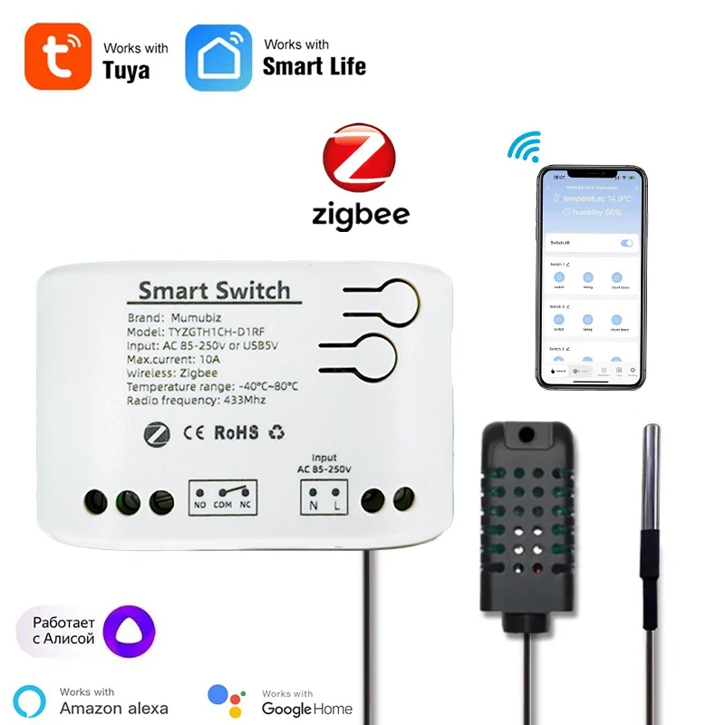 Inteligentny przełącznik Mumubiz Zigbee 1 Gang z czujnikiem temperatury i wilgotności, aplikacja Tuya Smart Life, pasywny przekaźnik kontaktowy na sucho pasuje do Alexa