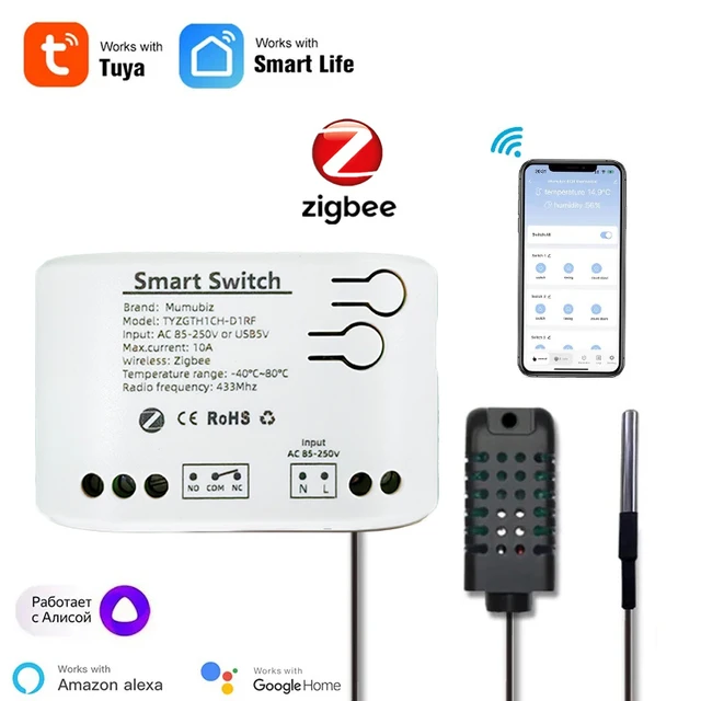 Inteligentny przełącznik Mumubiz Zigbee 1 Gang z czujnikiem temperatury i wilgotności, aplikacja Tuya Smart Life, pasywny przekaźnik kontaktowy na sucho pasuje do Alexa