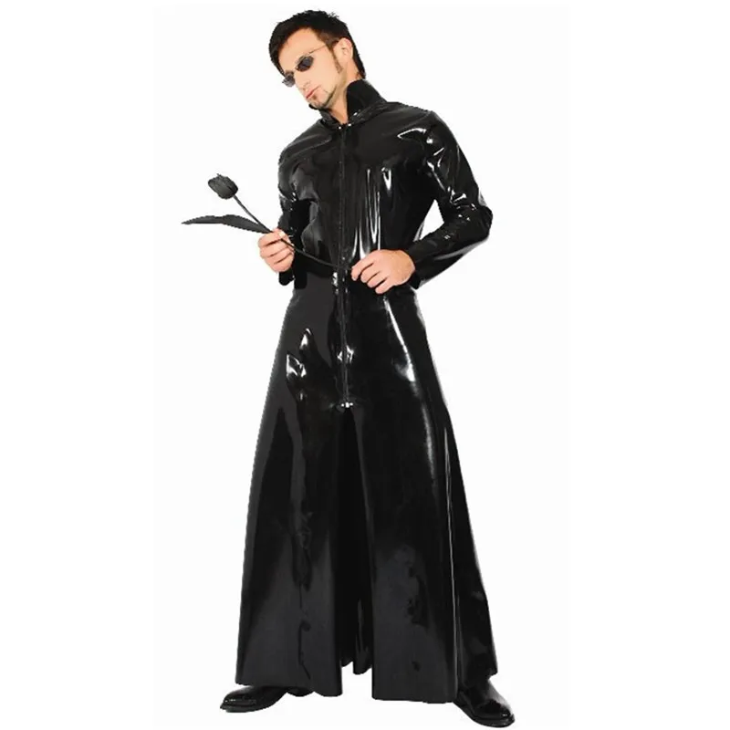 Gotico Unisex Sexy lucido PVC Catsuit lattice ecopelle cappotto lungo Trench Clubwear Halloween Party Cosplay i costumi Matrix