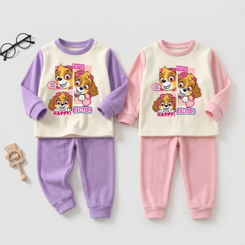 Herbst-Winter Mädchen Freizeit-Schlafanzüge Jungen Samt-Fleece Warme Hauskleidung Sets Kinder Langarm-Unterwäsche Anzug Pyjamas Neu – Detail 1