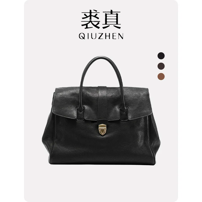Qiuzhen Vintage Vegetable-Tanned Full-Grain Cowhide Leather Handheld Briefcase for Women - Large Capacity Commuter Bag