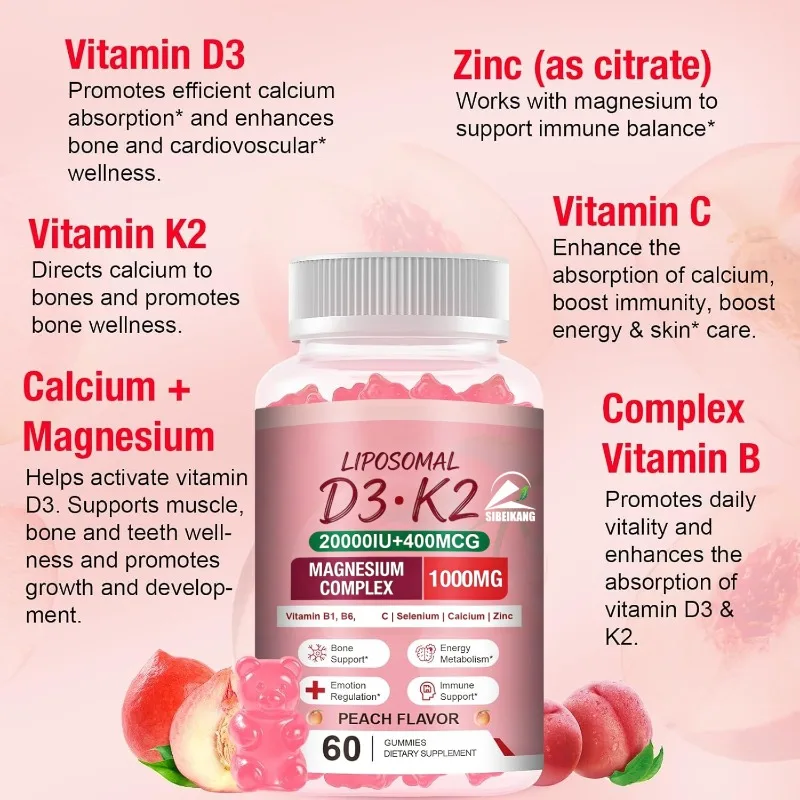 Gomitas de vitamina liposomal 20000UI D3 + 400mcg K2 que contienen glicina, ácido malico, ácido cítrico, calcio, zinc, vitamina B y C