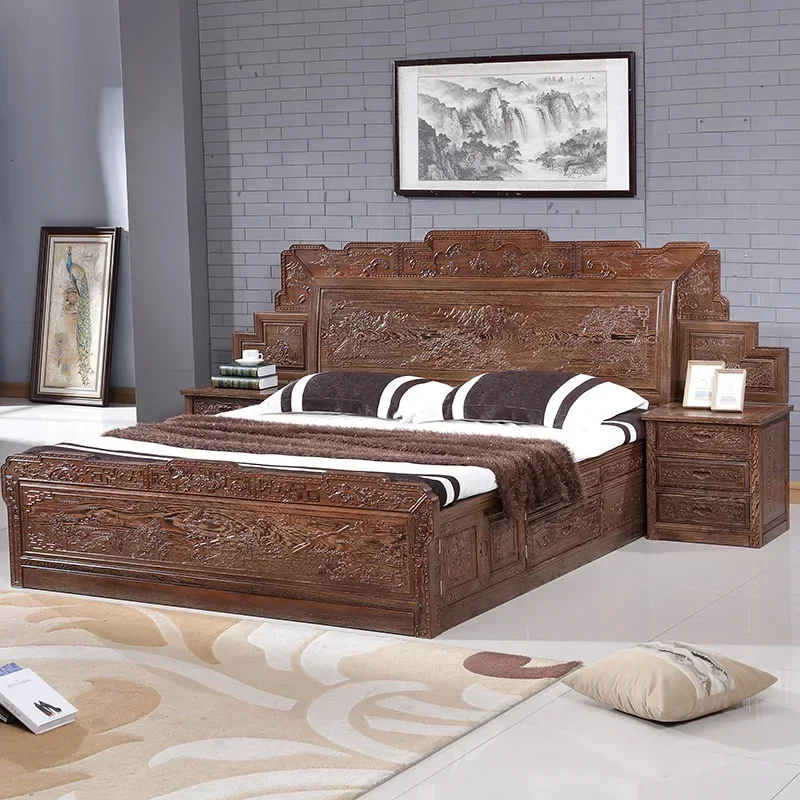 African chicken wing wood Chinese mahogany landscape carving double bed