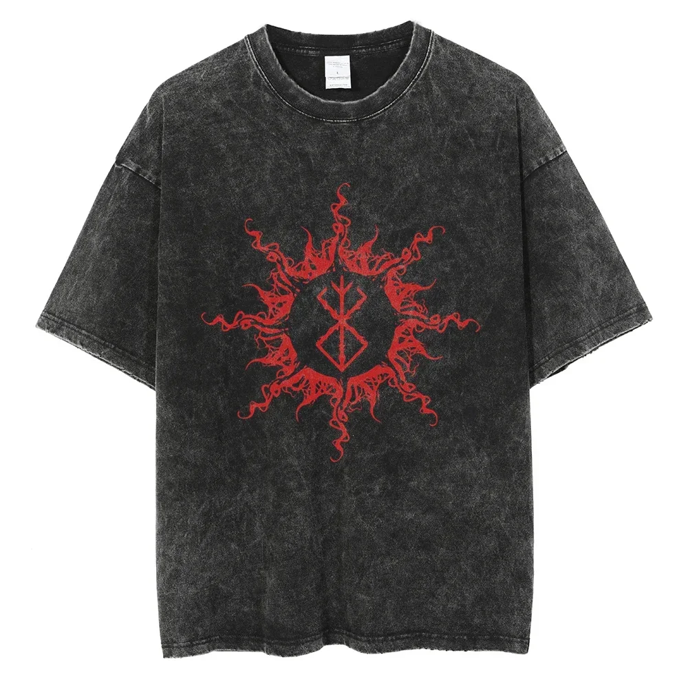 

Hip-Hop Streetwear Tshirt Men Oversize Japanese Anime Berserk Graphic Print T Shirt Washed Short Sleeve Vintage Tshirt Black
