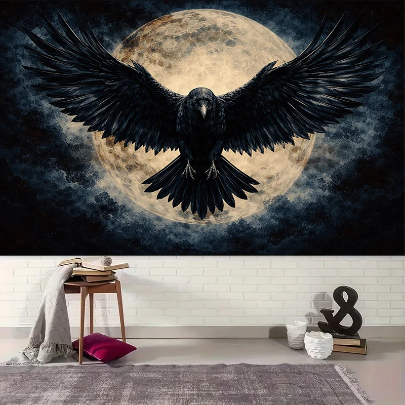VIKAMA Moonlit Raven Tapestry, Dark Gothic Wall Cloth for Bedroom Living Room Home Decor