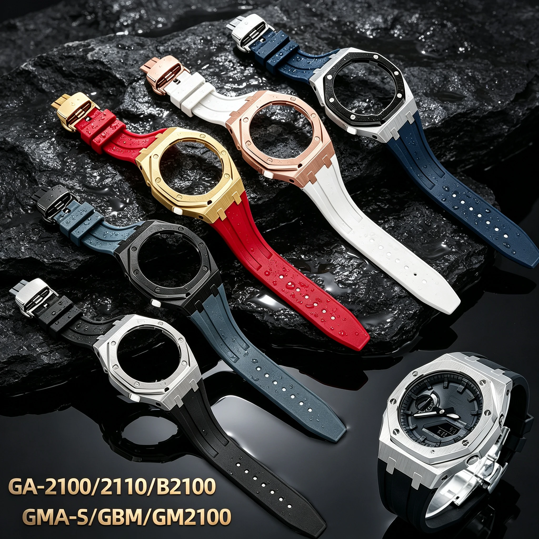 Metal Bezel Steel Case & Fluororubber Strap Mod Kit Upgrade Replacement Parts For Casio GM‑2100 GBM‑2100 series Modified men's