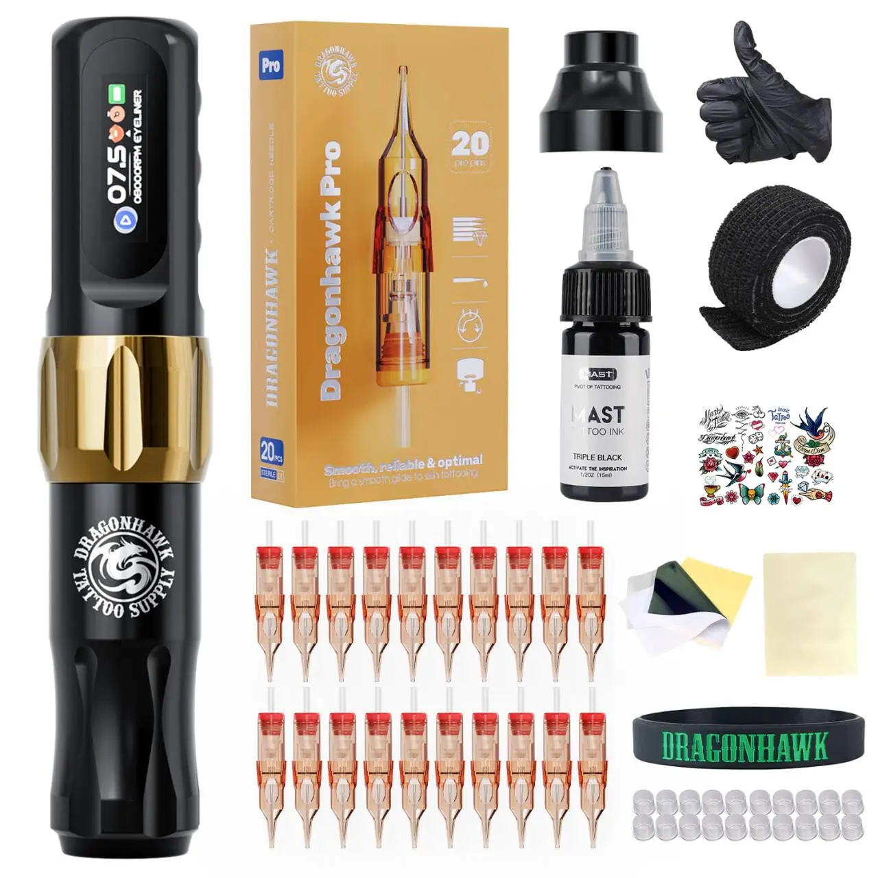 

Dragonhawk Atom2 Permanent Makeup Machine Gun Full Kit 800mAh Wireless Pen with 20pcs Pro Tattoo Cartridge Needles for Beginner