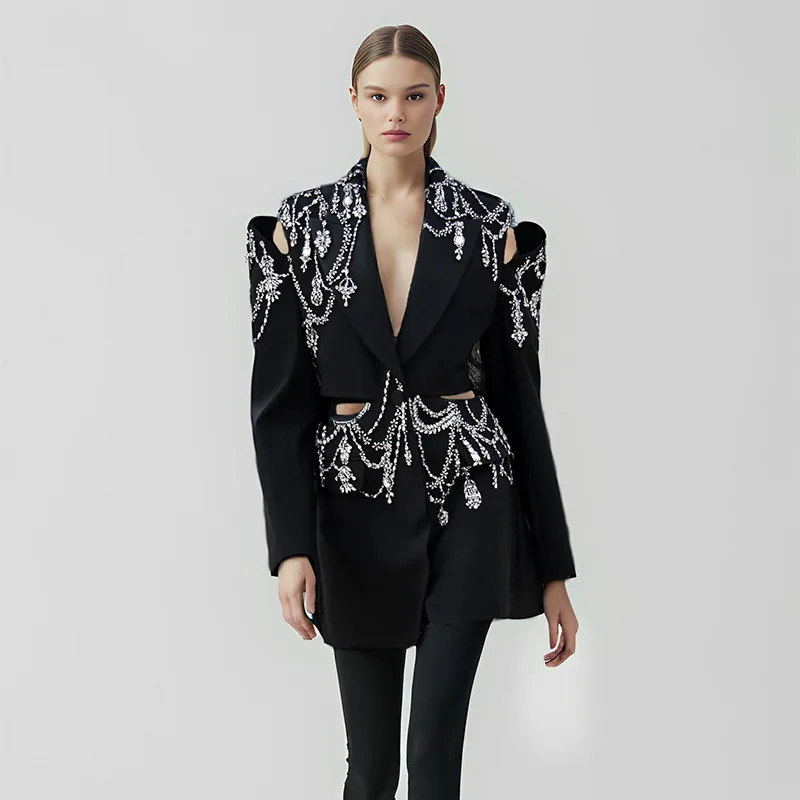 European and American Fashion Heavy Metal Rhinestone Hollow-Out Blazer Fall New Arrival Luxury Style Women's Suit Jacket