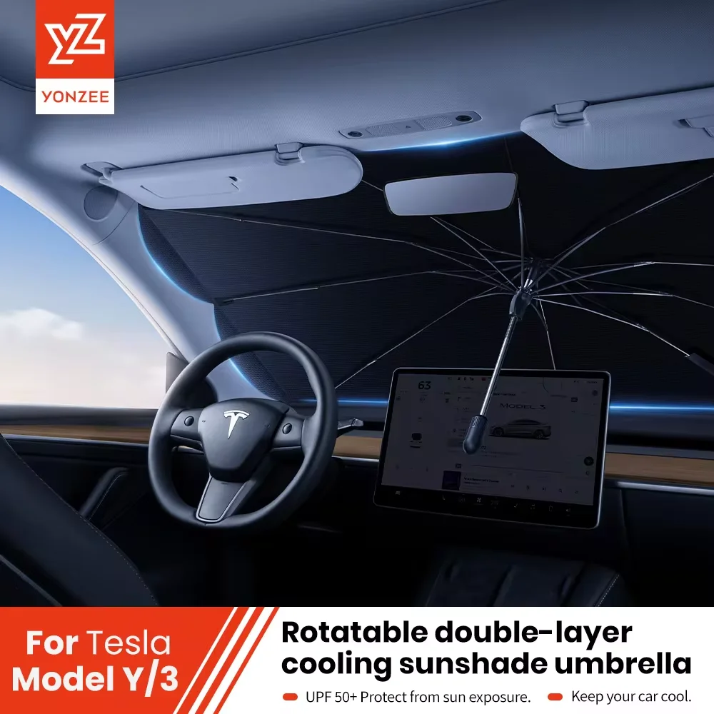 YZ Per Tesla Model 3 Model Y Parasole anteriori avvolgibili per auto 360 ℃   Ruota la copertura UV dell'auto Parasole 2024 Accessori per auto Visiera parasole