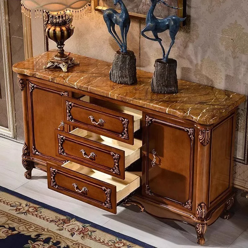 European solid wood carving flower dining side cabinet marble countertop living room entrance tea cabinet retro color storage ca