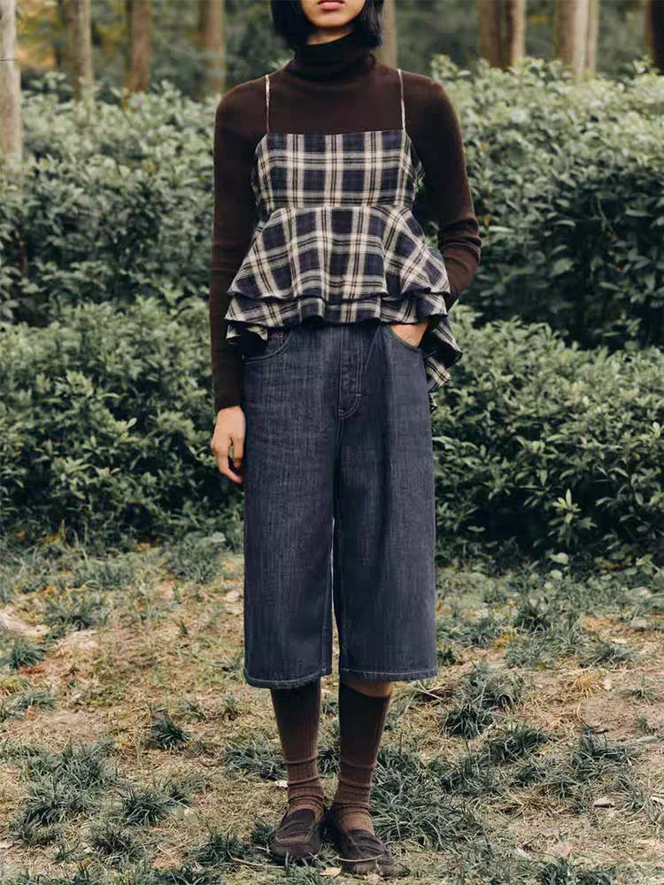 Faionable Winter 2025 Women's Straight Cut irt with Layered Decoration And Plaid Design Ele Personali New Arrival