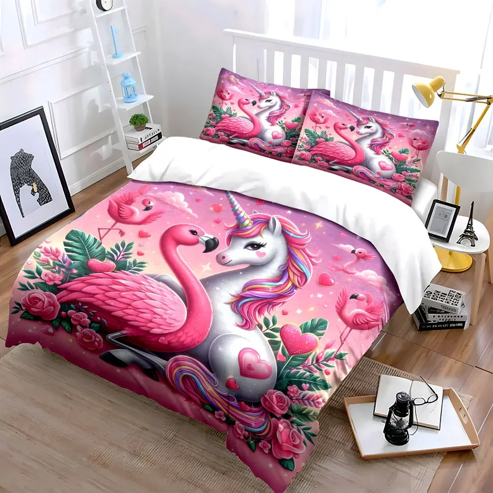 Unicorn Flamingo Romantic Decor Set Multiple sizes kid's and adults' bedroom Exquisite 3PC bedding set, gift