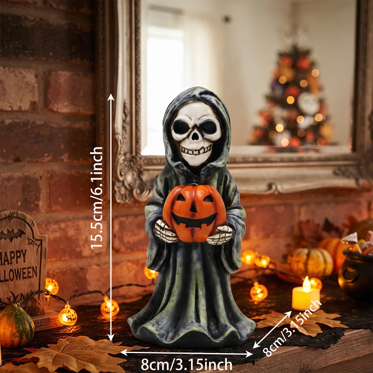 Spooky Grim Reaper Skull Figurine With Pumpkin, Halloween Resin Tabletop Statue, Indoor Holiday Party Decoration