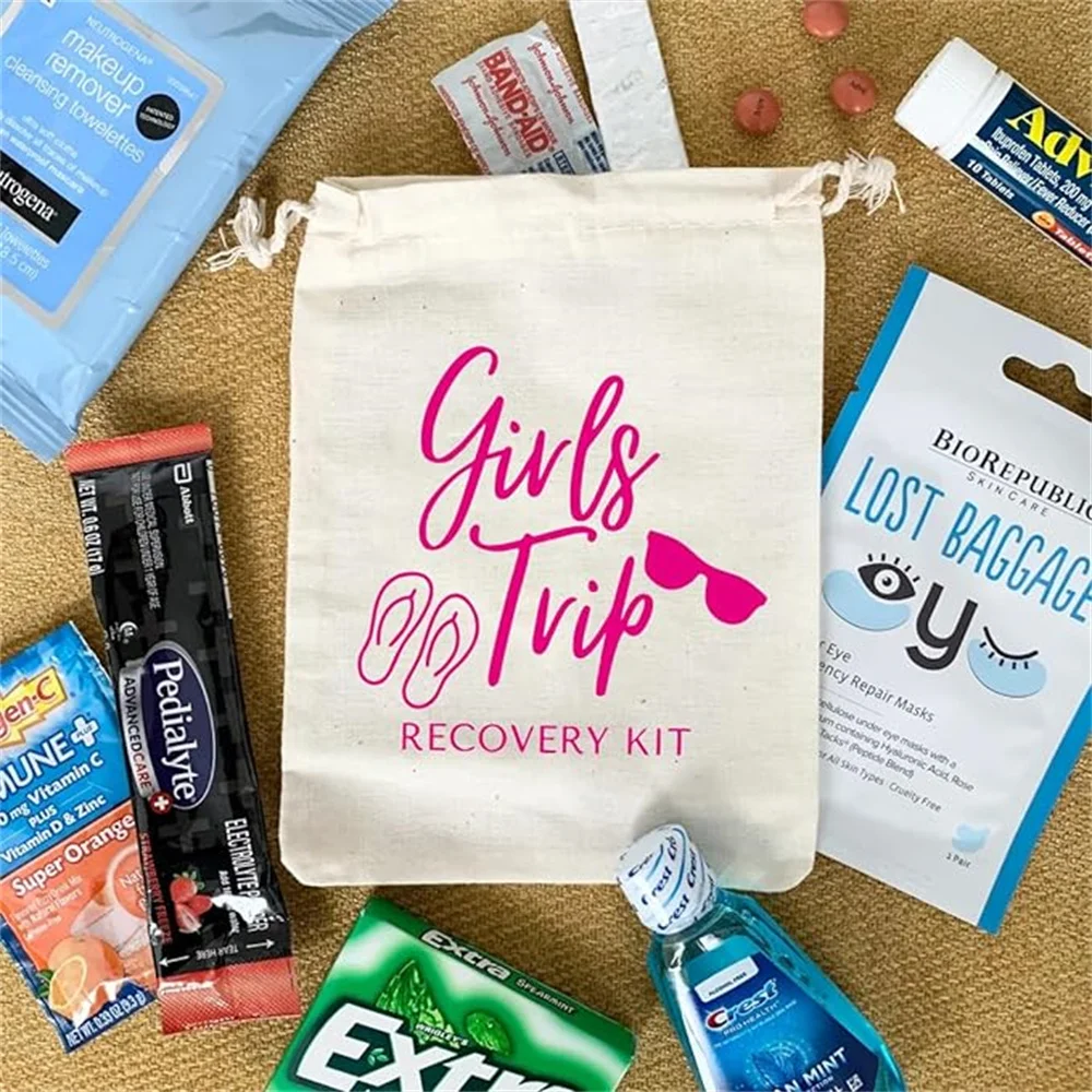 MS Girls trip Recovery kit printed Party Favor bags - Cotton Drawstring closure - Bachelorette hangover kit bags - Recovery Kit