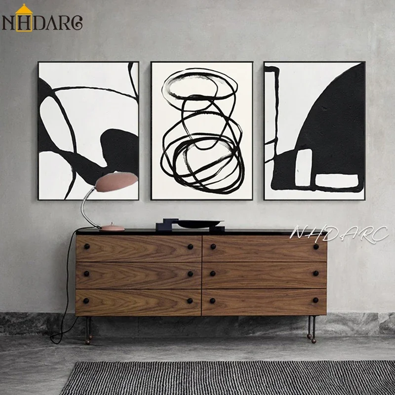 Scandinavian Minimalist Wall Art Modern Black and White Abstract Oil Painting Poster Print Home Bedroom Living Room Decoration