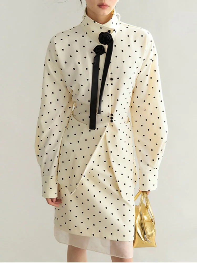 

BJTZ Women Polka Dot Floral Two Piece Outfit Long Sleeve Tie Shirt And Midi Skirt Set Casual Commute Wear