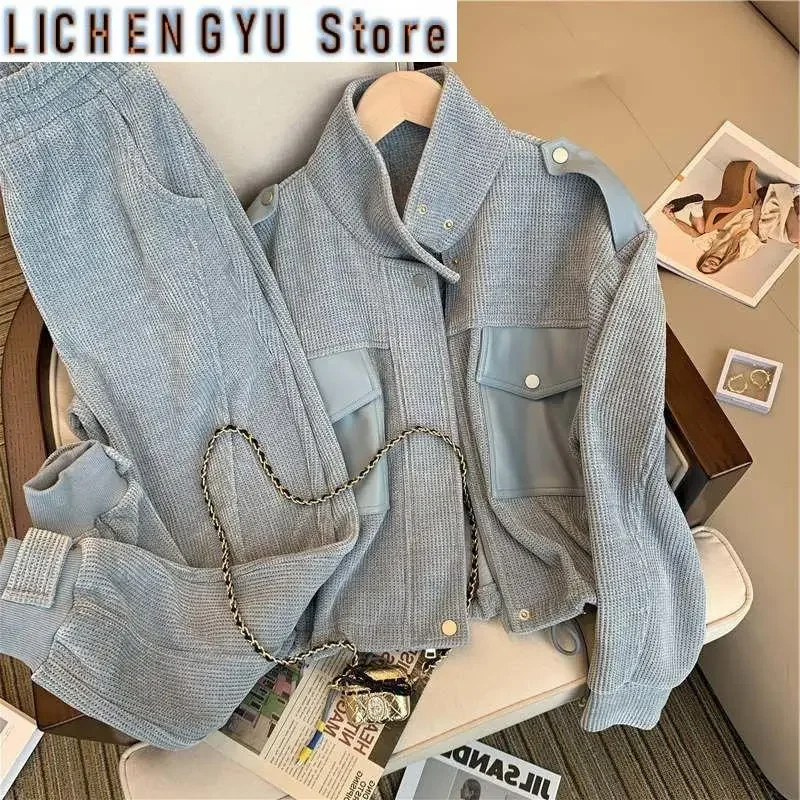 Grey Sport Leisure Suit for Women Autumn Winter Korean Version Retro Fashion Senior Seniority Age-reducing Two-piece Set