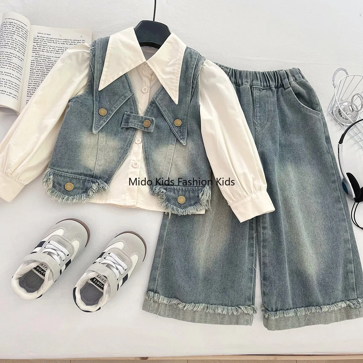 جديد الفتيات الدنيم صدرية قميص بنطلون ثلاث قطع مجموعة الدانتيل طوق بأكمام طويلة بيبلوم واسعة أرجل بنطلون