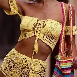 Bohemia Sexy Bikinis Crochet Knitted Front Bandage Swimming Suit High Waist Front Back Wearing Tummy Control Panty Bra Bathing