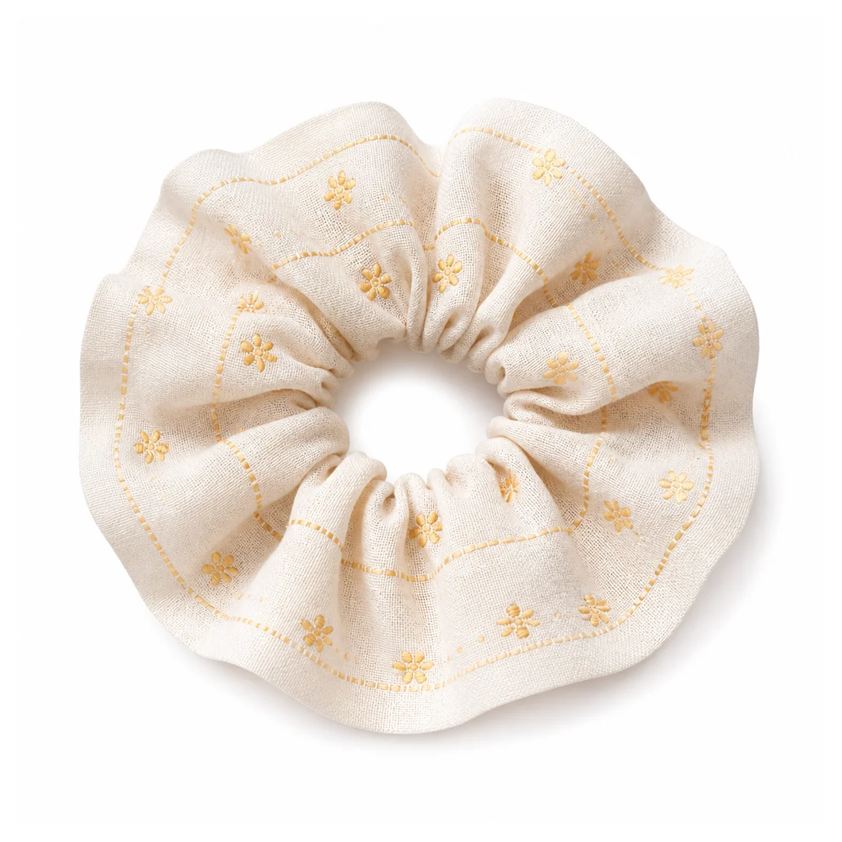 creamy-warm-white-golden-yellow-floral-band-embroidery-look-wide-single-layer-hair-scrunchie