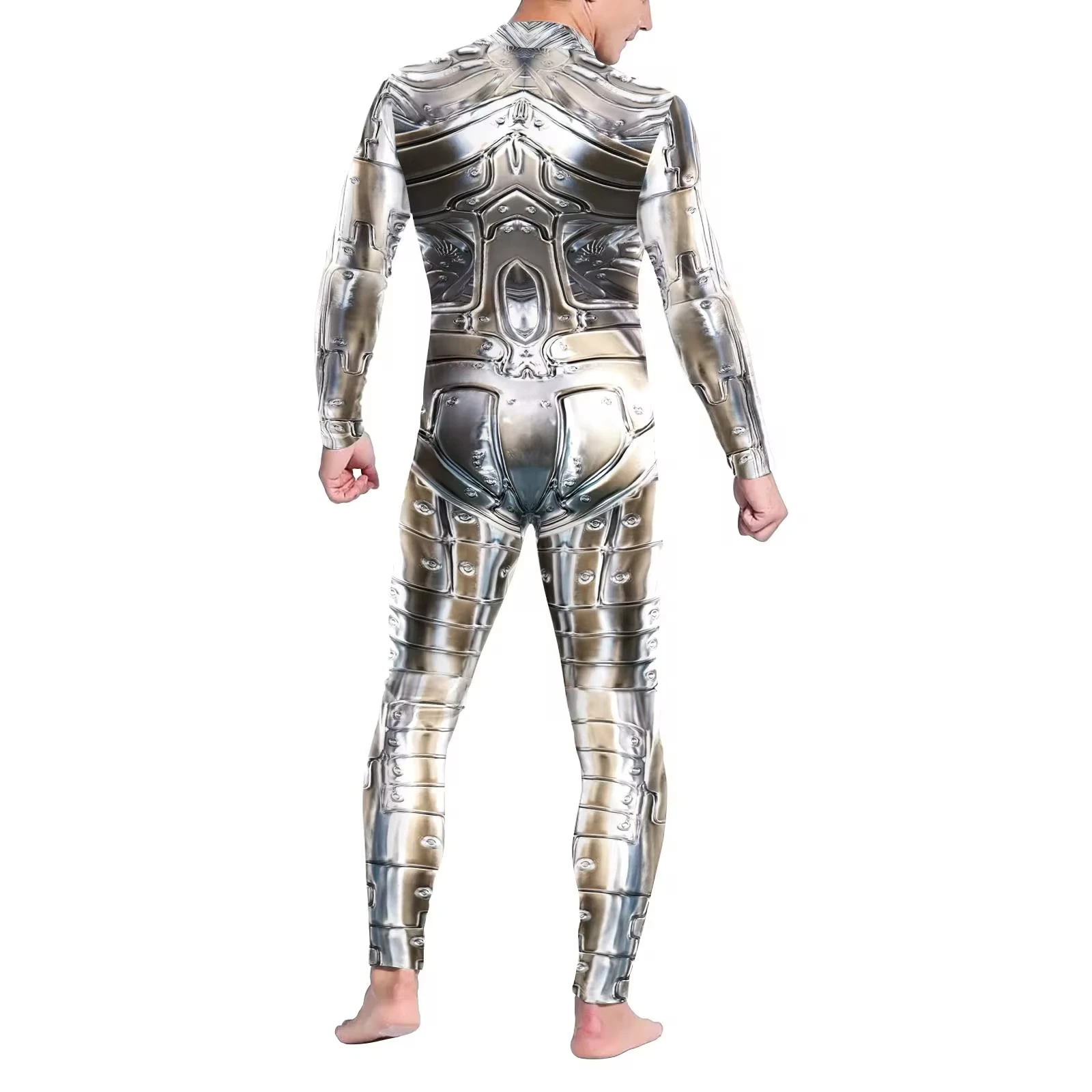 Silver Droid Printed Costume Men Robot Punk Cosplay Bodysuit Purim Carnival Halloween Zentai Suit Male Party Clothes 2024