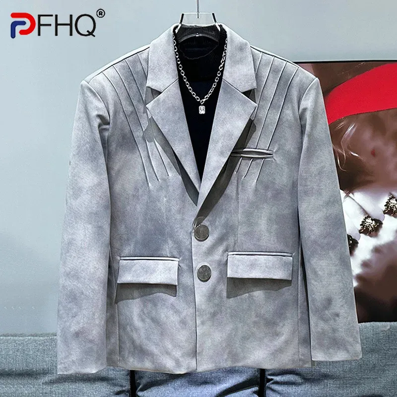 

PFHQ Korean Men's Fashion Tie Dye Design Shoulder Padded Suit Jacket Autumn Winter Pleated Single Breast Male Tops 21Z6054