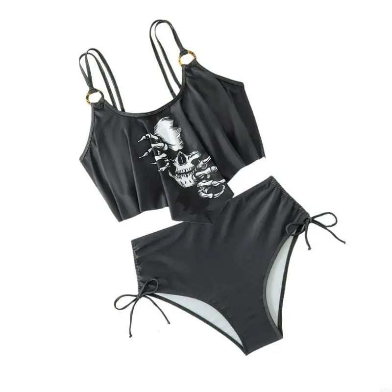 

2 Pcs Bathing Suit for Woman High Cut Swimsuit Skeleton Print Swimwear