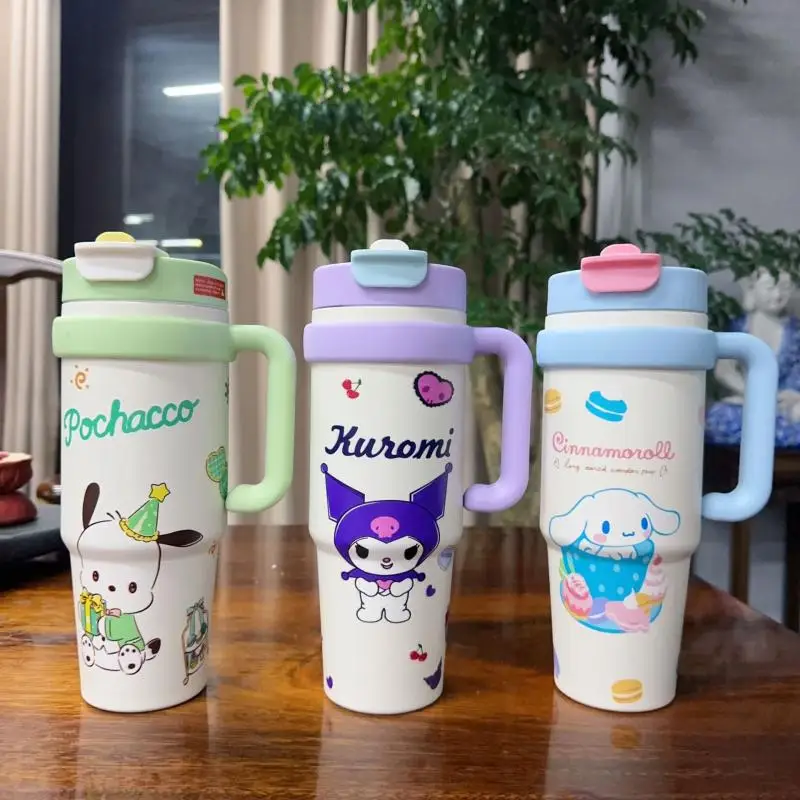 

30 унций НОВЫЙ Sanrio Cinnamoroll Kuromi Hello Kitty мультяшный милый термос с большой емкостью и ручкой портативная соломенная чашка для воды