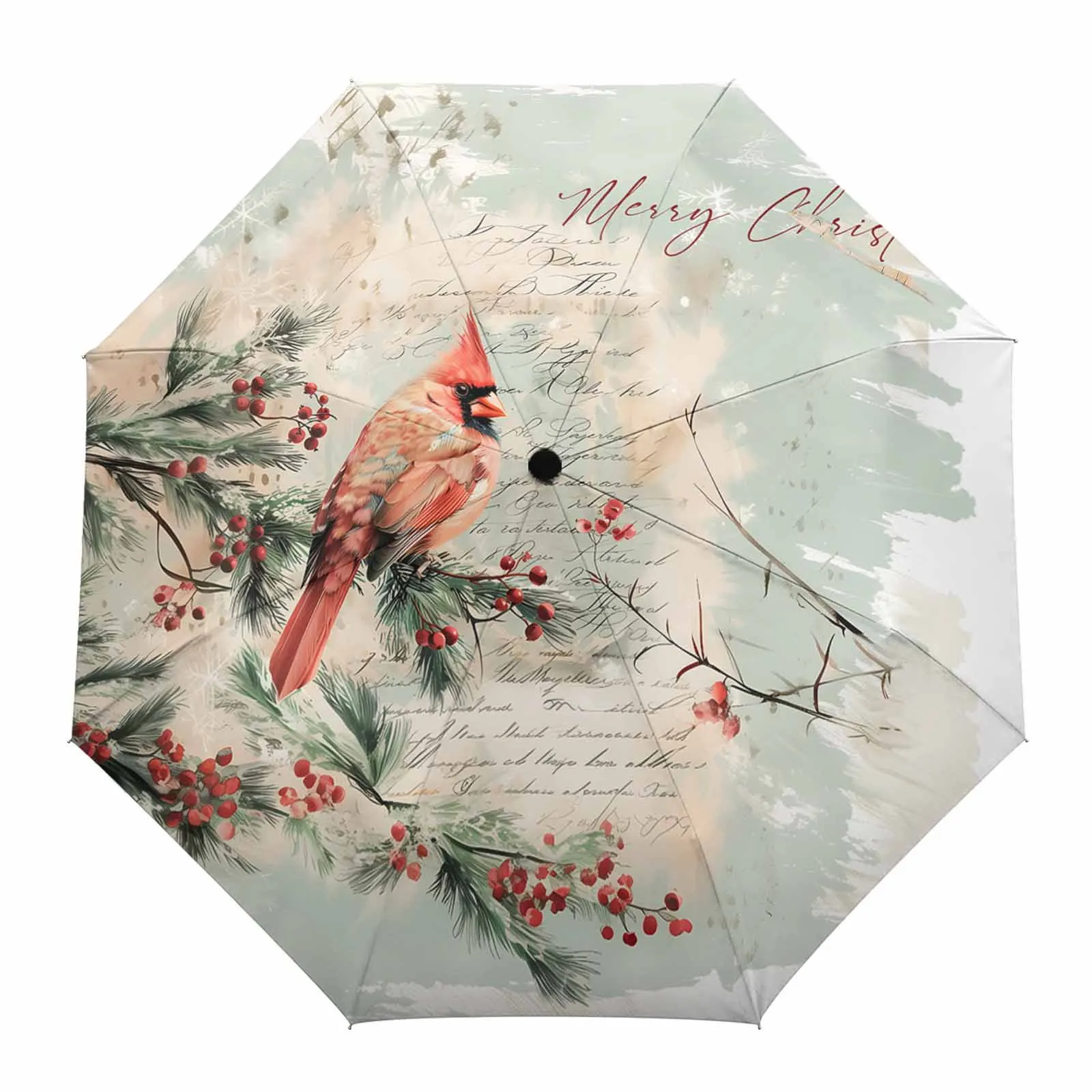 Christmas Love Letter Body Winter Cardinals Berry Outdoor Printed Rain Umbrella for Women Fully-automatic Foldable Sun Umbrella